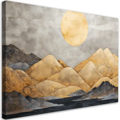 Produktbild von Leinwandbild Goldene Berglandschaft Abstraktion 90x60 Feeby Gelb bild für die wand bereit zum aufhängen