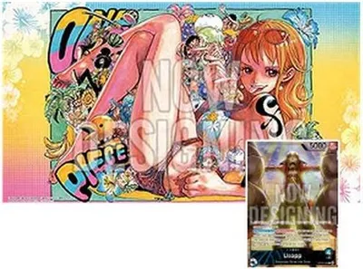 A collage featuring a large illustration of Nami from One Piece and a smaller inset image of a trading card.