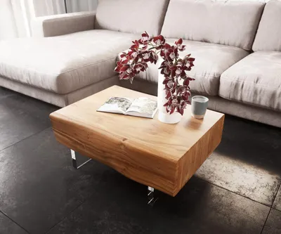 Produktbild von DELIFE Couchtisch New Live-Edge 80x60 cm Akazie Natur 2 Schubladen Acrylfuß