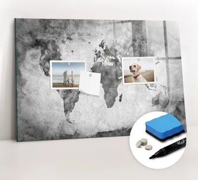 Produktbild von Magnetpinnwand Memoboard - Zubehörsatz - Schwarzer Marker + Schwamm + Magnete - 60 x 40 cm - Weltkarte