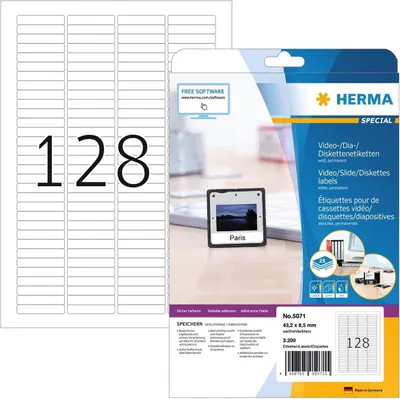 Obrázek produktu pro HERMA 5071, Bílá, Zaoblený obdélník, Permanentní, Papír, Matný, Laserová/inkoustová tiskárna