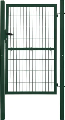 A green metal garden gate with a latch, shown in front of a white background.