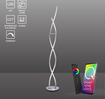 Paul Neuhaus LED Stehlampe gedreht Q - MALINA Smart Home Farbwechsel und dimmbar per Fernbedienung, Alexa stahlfarben Wohnzimmer, Essszimmer, Schlafzimmer 439-55