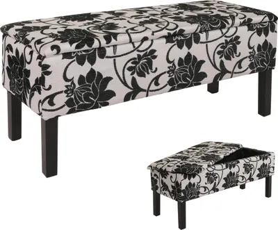 A storage bench with a floral pattern is shown from two different angles.