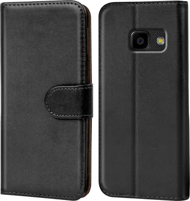 A black book-style phone case for a Samsung Galaxy XCover 4/4S is shown from the front and back.