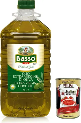 Produktbild von Basso Olio Extra Vergine di Oliva, Natives Olivenöl Extra, Ideal für alle Anwendungen in der Küche, 5Lt Pet flasche + Itaian Gourmet polpa 400g