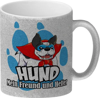 Produktbild von Glitzer-Kaffeebecher mit Superhelden - Dogge - Hund mein Freund und Helfer
