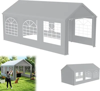 A large, gray party tent with arched windows is shown from a slightly elevated angle. A smaller inset image shows the tent set up outdoors with a person taking a photo and a dog nearby.