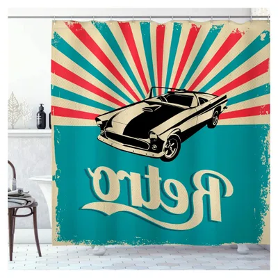 Produktbild von Duschvorhang Autos, Klassisches Amerikanisches Auto, Badezimmerdekorationsset aus Stoff mit Haken, 175 x 200 cm, Himmelblau Pink Schwarz