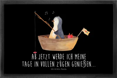 Produktbild von Mr. & Mrs. Panda Bodenvorleger Pinguin Angelboot 40 x 60 cm - Schwarz - Geschenk, Motivation, Schuhabstreifer, fußmatte, Boot, Optimistisch, Schmutzmatte, Angeln