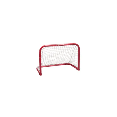A red street hockey goal with a white net, isolated on a white background.