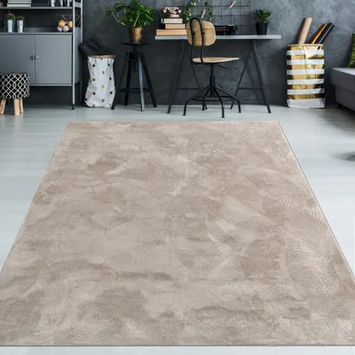 A beige rug is laid out on a light gray floor in a modern living room or office space.