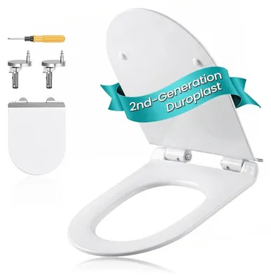 Produktbild von Langer D-förmiger Toilettensitz mit Absenkautomatik und einfacher Entfernung | Weiß | 46,5 x 36 cm