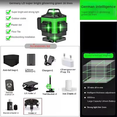 Immagine prodotto di Livella laser 4D - Laser a linee incrociate a 16 linee - Autolivellante a 3° - 360° in verticale e in orizzontale - Con telecomando - Spina UE - Con custodia in tessuto