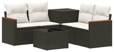 Image de Ensemble de salon vidaXL, 6 pièces, noir et crème, en résine tressée et en acier