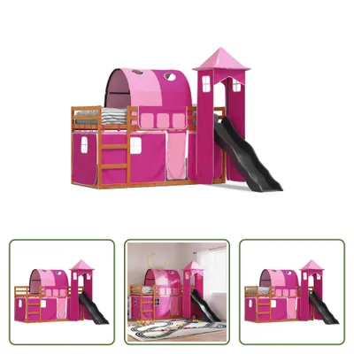 Produktbild von The Living Store Etagenbett mit Rutsche und Gardinen Rosa 90x200 cm