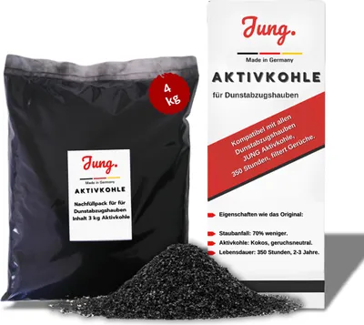 A bag of activated charcoal next to its packaging and a pile of loose charcoal.
