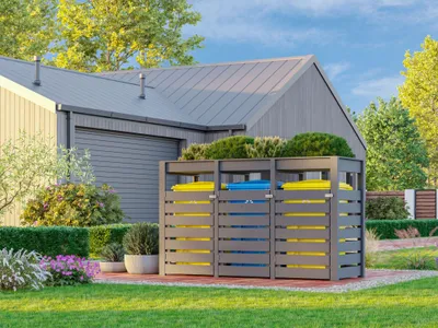 Produktbild von Karibu Mülltonnenunterstand für 3 Mülltonnen terragrau Mülltonnenbox Gartenbox 238x143x88 in cm (BxHxL)