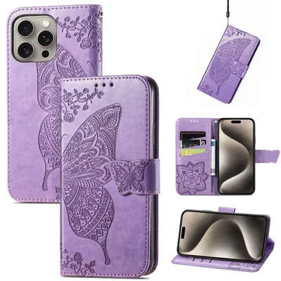 Obrázok produktu pre Pre Apple iPhone 16 Pro Koženkové peňaženkové puzdro na mobilný telefón Butterfly Design Case Light Purple