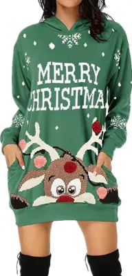 Produktbild von ASKSA Weihnachtskleid Damen Kapuzenkleid Weihnachtspullover Weihnachts Sweatshirt, Grün, 3XL