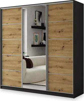 Produktbild von Masseno Schiebetürenschrank NATA 180/205/58 cm Kleiderschrank mit 4 Schubladen Schlafzimmer Schrank 3-türig mit Spiegel Schwarz / Eiche Artisan