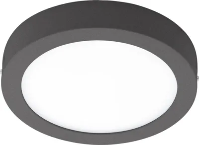 A close-up, front-facing view of a round, dark gray LED outdoor wall light with a white diffuser.