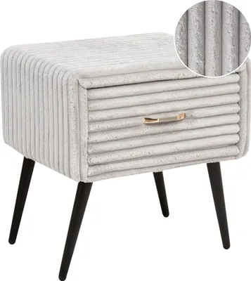 A light gray corduroy nightstand with black legs and a gold drawer pull, shown against a white background. A close-up inset shows the texture of the corduroy fabric.