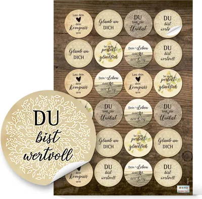 Produktbild von Logbuch-Verlag 24 Aufkleber MOTIVATION Sprüche Weisheiten Statements vintage natur Kraftpapier Look rund 4 cm48 Aufkleber / 2 Bögen