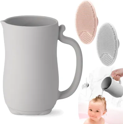 Productafbeelding van PandaEar babybadspoelbeker - Siliconen babyshampoo - Spoeler met 2-pack melkkorstelborstels voor kinderen - Peuter - Lichaamswassen (grijs)