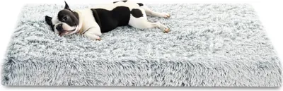 A French bulldog lies on a fluffy gray dog bed.