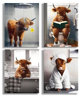 4er-Set lustige Highland-Kuh-Poster, 20x25 cm, ungerahmt