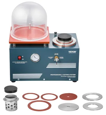 Produktbild von VEVOR Vakuum-Investitionsgussmaschine, 290W Leistung, mit 3 CFM Pumpe und Glockenglas, praktischer Öleinjektionsanschluss, Präzisionsmanometer, 280x280 mm Arbeitsfläche, Gussmaschine für Schmuck und Metall, Ohne Schmelzofen