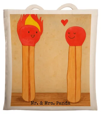 Produktbild von Mr. & Mrs. Panda Jutebeutel Streichhölzer Design - Weiß - Geschenk, Liebesbeweis, Freundin, Liebesgeschenk, Schultasche, Laptoptasche, Shopping Tasche, Tote Bag