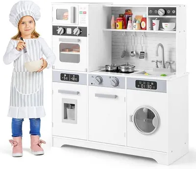 Imagen del producto de Cocina de madera para niños, cocina de juguete con lavadora, fregadero, grifo, dispensador de agua, microondas, horno, utensilios, cocina de juego con luces y sonidos, para niños a partir de 3 años
