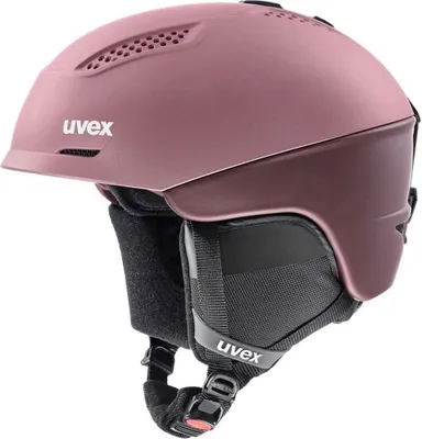 A pink ski helmet with black ear pads and straps.