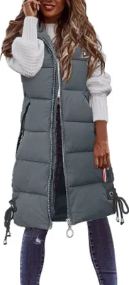 Produktbild von ASKSA Damen Daunenweste aermellose Lange Steppweste Winterjacke Mit Kapuze Mantel Daunenmantel, Grau, L