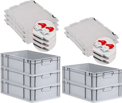 Produktbild von SuperSparSet 5x Eurobox NextGen Grip mit Scharnierdeckel und roten Schiebeschnappverschlüssen | HxBxT 17x40x60cm | 34 Liter | Grau | Griffe geschlossen | Glatter Boden | Eurobehälter, Transportbox, Transportbehälter, Stapelbehälter
