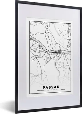 Produktbild von MuchoWow® Gerahmtes Poster Karte - Passau - Stadtplan - Karte 40x60 cm - Poster mit Schwarzem Bilderrahmen Wandposter Rahmen Foto Bilder - Poster in Rahmen