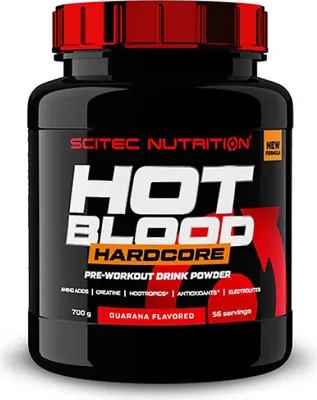 A black container of SCITEC Nutrition Hot Blood Hardcore Guarana flavored pre-workout drink powder.