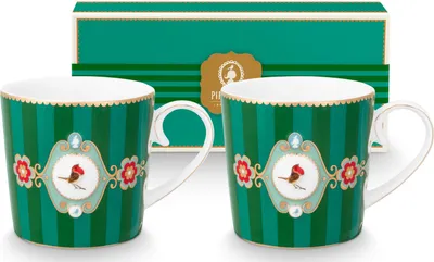 Produktbild von PIP STUDIO Love Birds Medallion Stripes Emerald-Green Henkelbecher Small 0,15l Set2