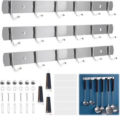 Imagen del producto de Ganchos para perchas de acero inoxidable, 31 cm, juego de 3 unidades con 6 ganchos cada uno, para montaje en pared