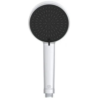 A silver and black shower head on a white background.