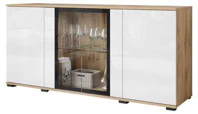 Image de Commode de 150 cm, avec vitrine en verre et tiroirs, finition wotan/blanc brillant avec éclairage LED