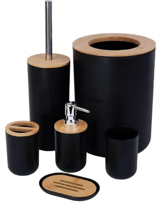 Image de Ensemble d'accessoires de salle de bain, 6 pièces, en bambou, comprenant une poubelle et un porte-brosse WC, pour salle de bain