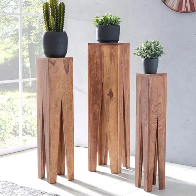 Immagine prodotto di FineBuy Set da 3 tavolini in legno massello di acacia, tavolini componibili quadrati moderni, tavolini a colonna, tavolini per piante, set da 3 pezzi, porta-fiori, tavolini da salotto