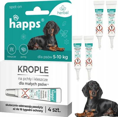 Zdjęcie produktu dla HAPPS Herbal - krople na pchły i kleszcze dla małych psów do 10kg 4szt.