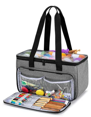 Produktbild von Tasche für Garnaufbewahrung, Stricktasche zur Aufbewahrung von Wolle, Handarbeitstasche mit Großer Kapazität für Häkelnadeln, Strickgarn und Stricken Zubehör, Grau mit Diamant Muster