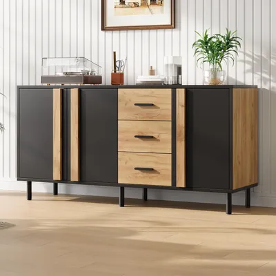 Immagine prodotto di Mobile contenitore 140x35x70, in MDF, con 3 ante, 3 cassetti, 6 gambe in metallo, design moderno, ideale per il soggiorno