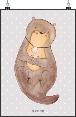 Produktbild von Mr. & Mrs. Panda Bild Otter Muschel DIN A2 - Grau Pastell - Geschenk, Träumen, Posterdruck, wanddeko, Kunstdruck, Plakat, Tagträumen, Motivation, drucke, Seeotter