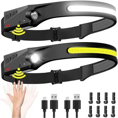 Produktbild von Stirnlampe Aufladbar 2er-Set - 230° Weitwinkel LED Kopflampe mit Bewegungssensor, Wasserdicht, für Camping, Wandern, Laufen & Reparatur